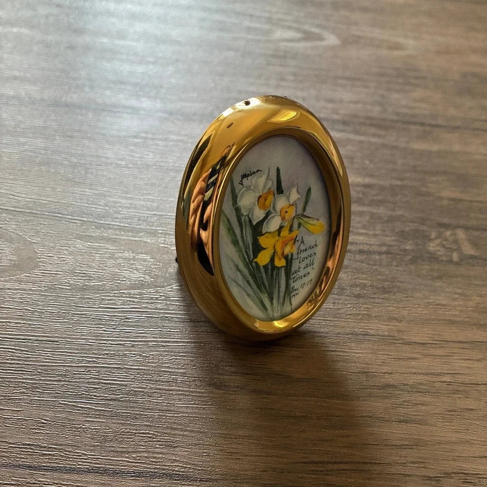 J. Hepburn His Handiwork Miniature Oval Gold Frame Daffodil Art Proverbs 17:17